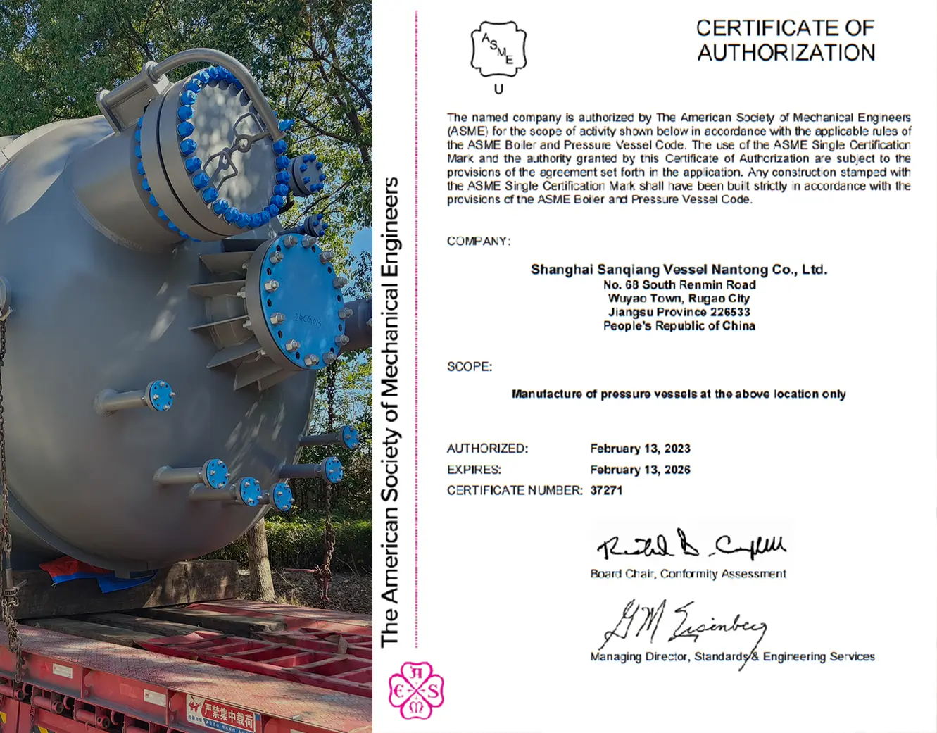 ASME U Stamp certification; first international CCR reactor internals project delivered